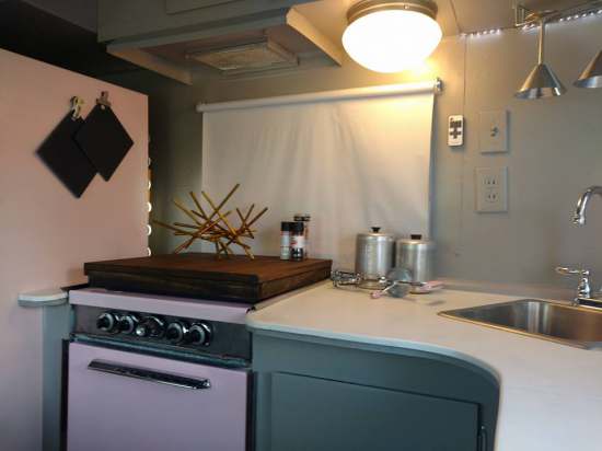 Vintage Camper Restoration - 1962 Streamline Dutchess - Interior After - close up of kitchen