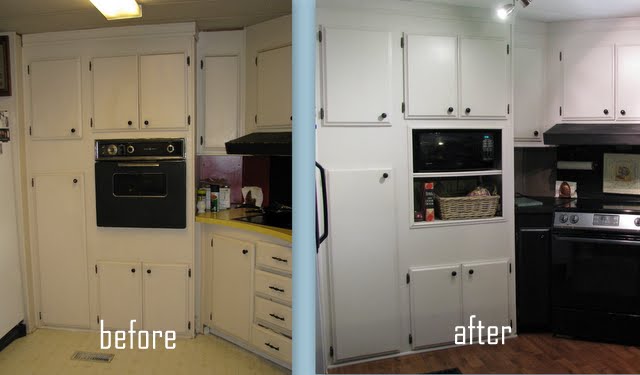 beofre and after cabinetry in mobile home kitchen