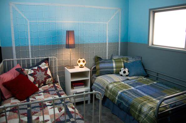 Soccer themed kids bedroom in a mobile home