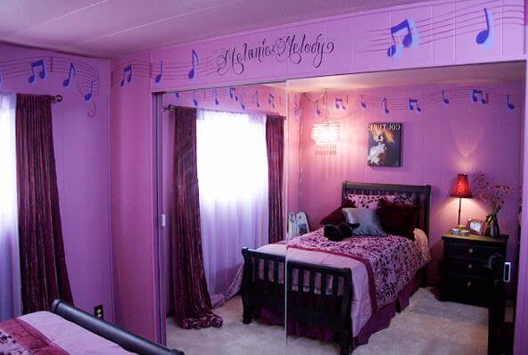 purple bedroom with musical theme decor - kids bedroom ideas