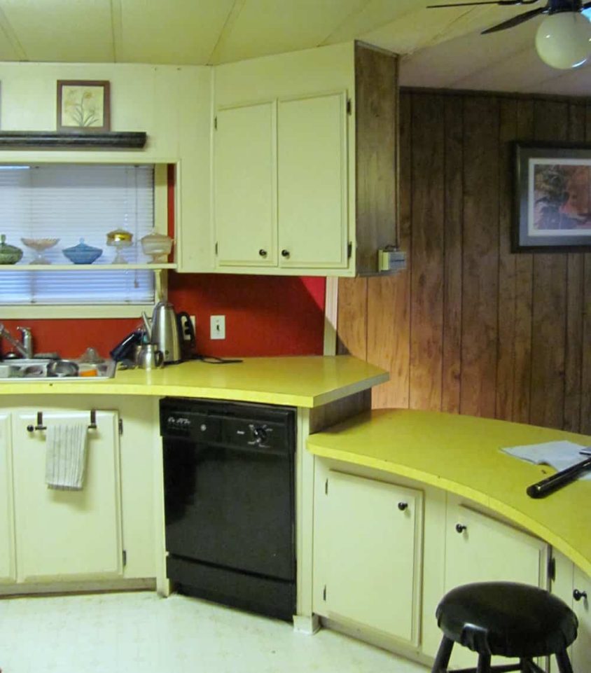 original counters in budget mobile home kitchen makeover