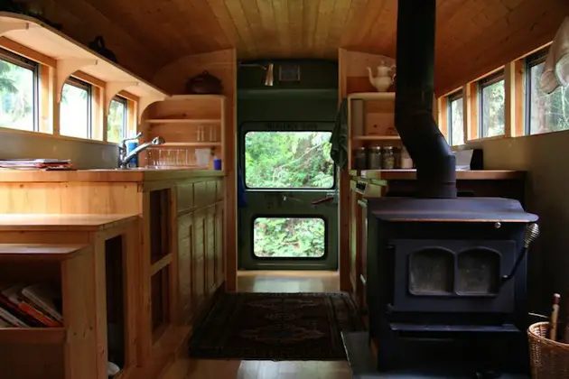 vintage buses-School-Bus-Converted Into Mobile-Home - Stove