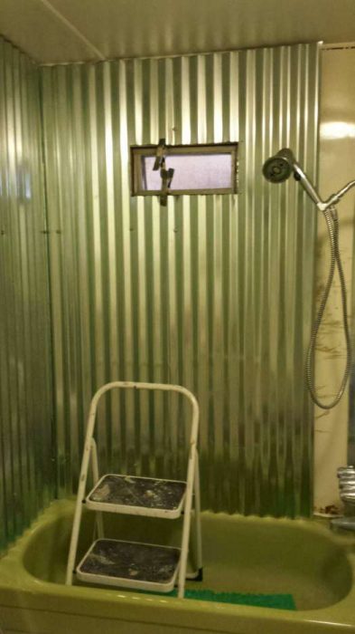 complete DIY mobile home transformation - sheet metal shower - after