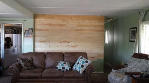 DIY mobile home transformation - installing shiplap on mobile home walls 3