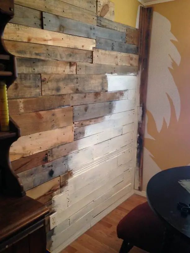 manufactured home makeover adding natural wood to wall